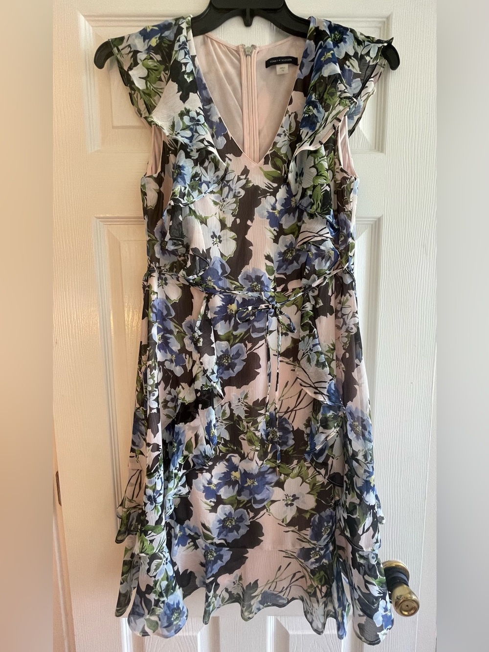 Tommy Hilfiger Blue and Green Floral V-Neck Ruffle Dress